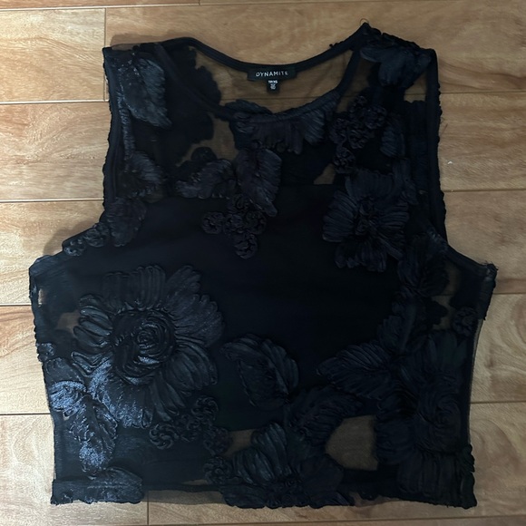 Dynamite Black Mesh Top with Floral Embroidery - Picture 3 of 5